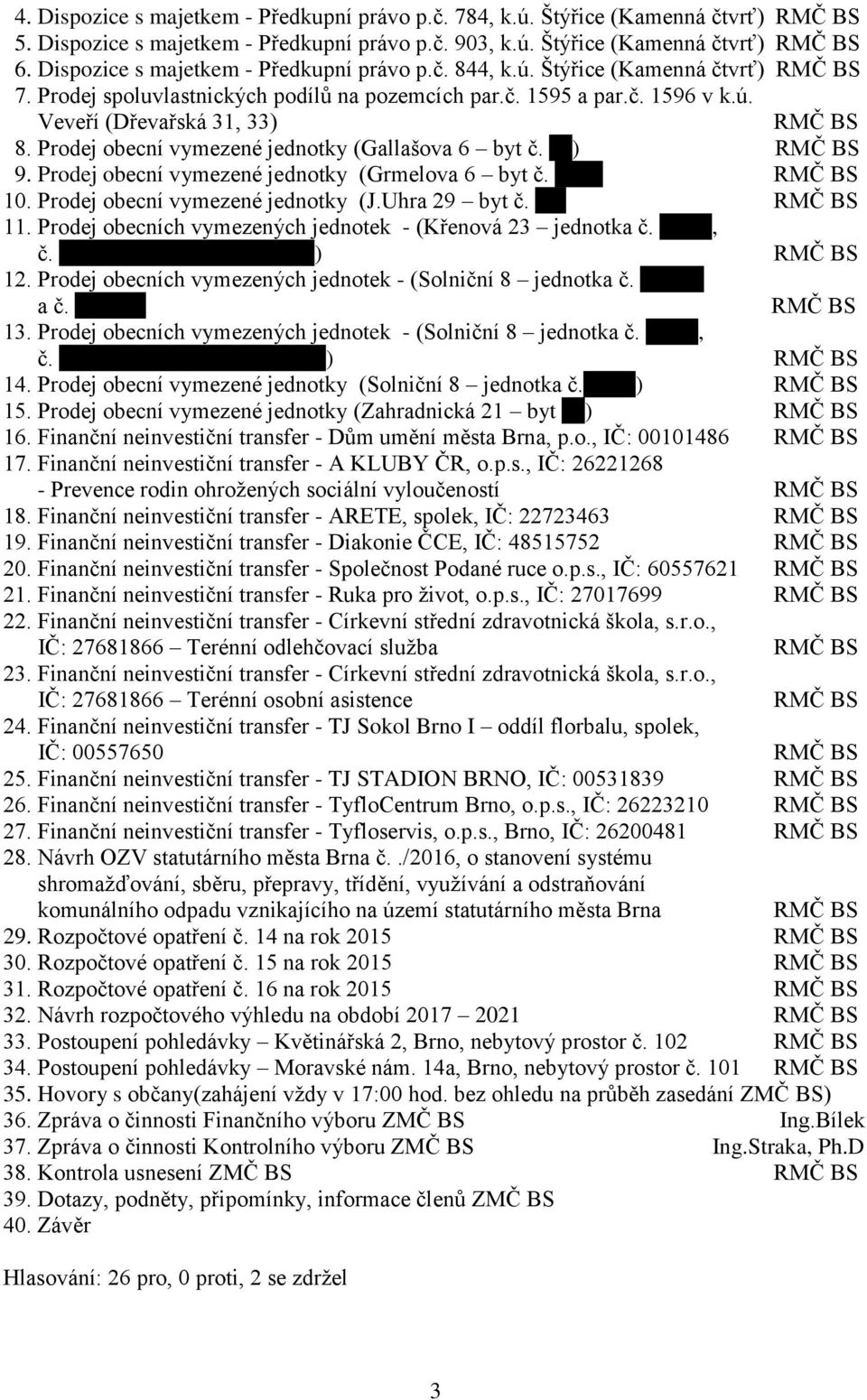 Prodej obecní vymezené jednotky (Gallašova 6 byt č. ) RMČ BS 9. Prodej obecní vymezené jednotky (Grmelova 6 byt č. RMČ BS 10. Prodej obecní vymezené jednotky (J.Uhra 29 byt č. RMČ BS 11.