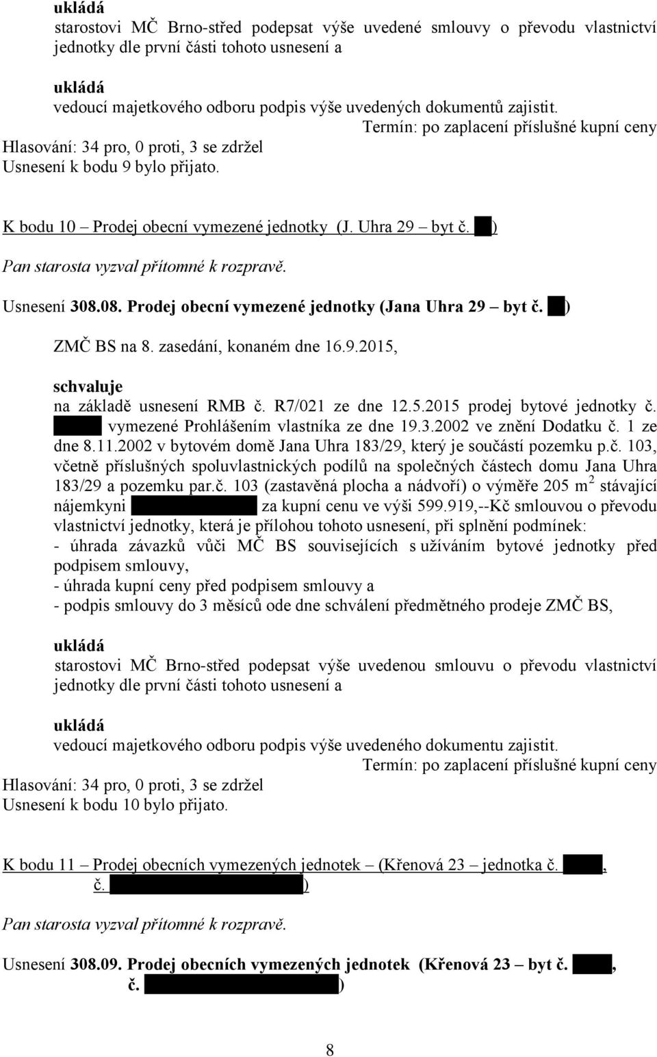 08. Prodej obecní vymezené jednotky (Jana Uhra 29 byt č. ) na základě usnesení RMB č. R7/021 ze dne 12.5.2015 prodej bytové jednotky č. vymezené Prohlášením vlastníka ze dne 19.3.