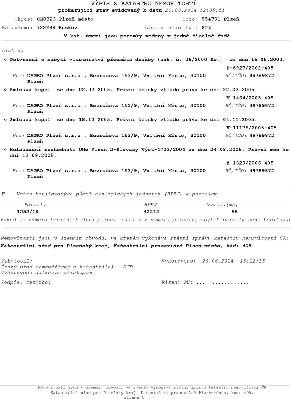 02.2005. Právní účinky vkladu práva ke dni 22.02.2005. V-1464/2005-405 Smluva kupní ze dne 18.10.2005. Právní účinky vkladu práva ke dni 04.11.2005. V-11176/2005-405 Klaudační rzhdnutí ÚM 2-Slvany Výst-4722/2004 ze dne 24.