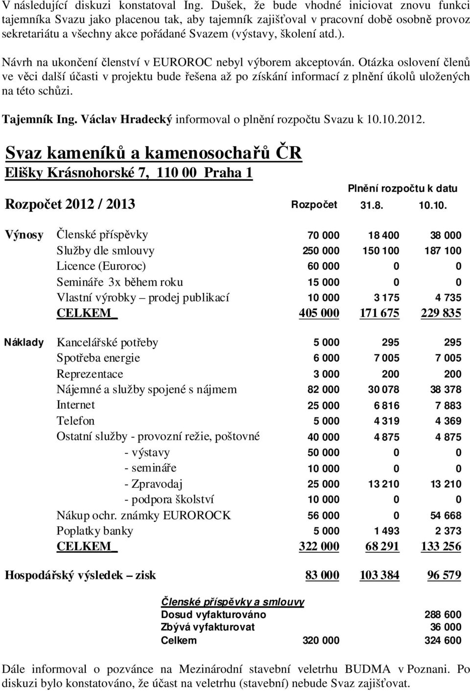 ). Návrh na ukončení členství v EUROROC nebyl výborem akceptován. Otázka oslovení členů ve věci další účasti v projektu bude řešena až po získání informací z plnění úkolů uložených na této schůzi.