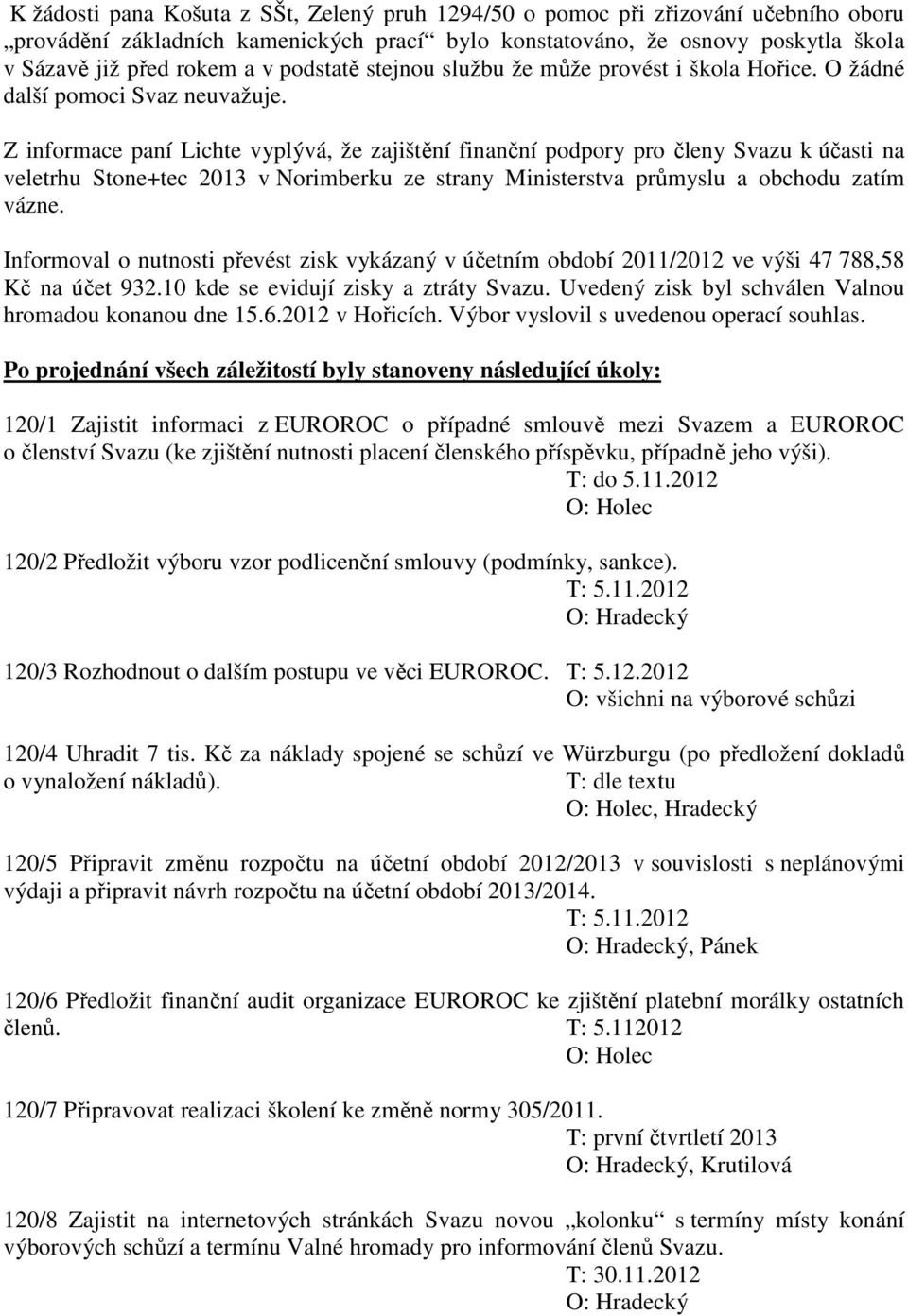 Z informace paní Lichte vyplývá, že zajištění finanční podpory pro členy Svazu k účasti na veletrhu Stone+tec 2013 v Norimberku ze strany Ministerstva průmyslu a obchodu zatím vázne.