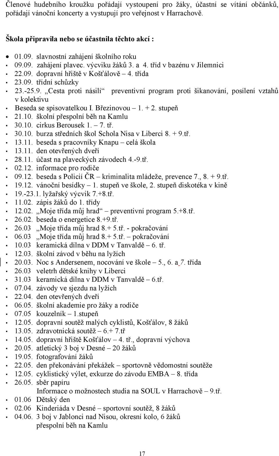 třída 23.09. třídní schůzky 23.-25.9. Cesta proti násilí preventivní program proti šikanování, posílení vztahů v kolektivu Beseda se spisovatelkou I. Březinovou 1. + 2. stupeň 21.10.