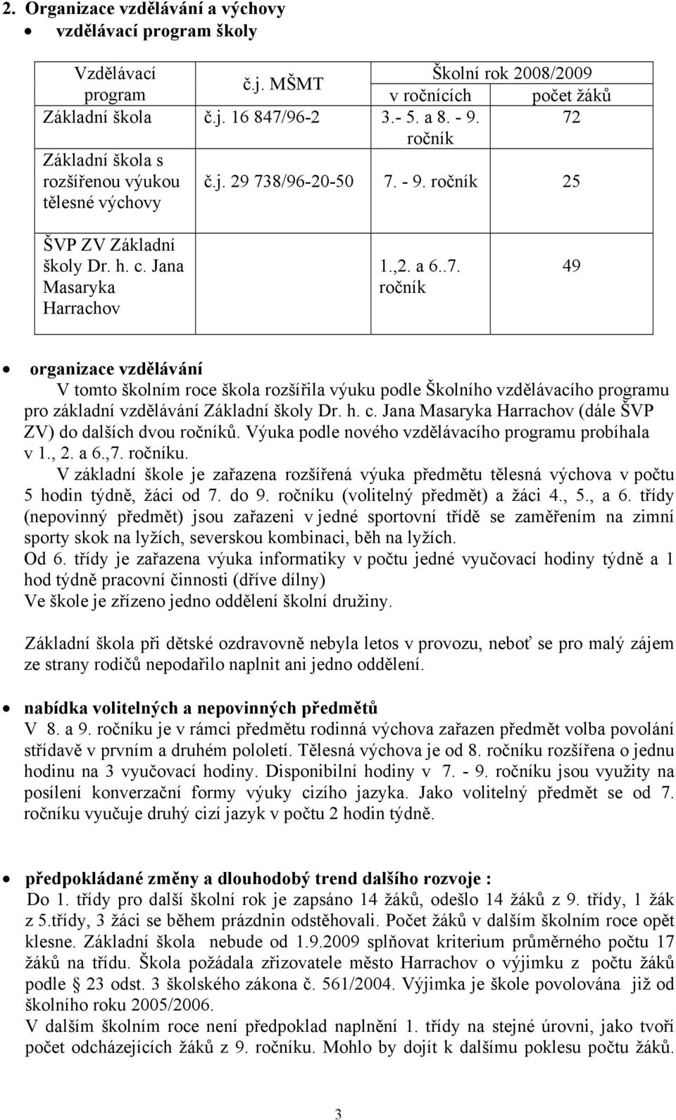 h. c. Jana Masaryka Harrachov (dále ŠVP ZV) do dalších dvou ročníků. Výuka podle nového vzdělávacího programu probíhala v 1., 2. a 6.,7. ročníku.