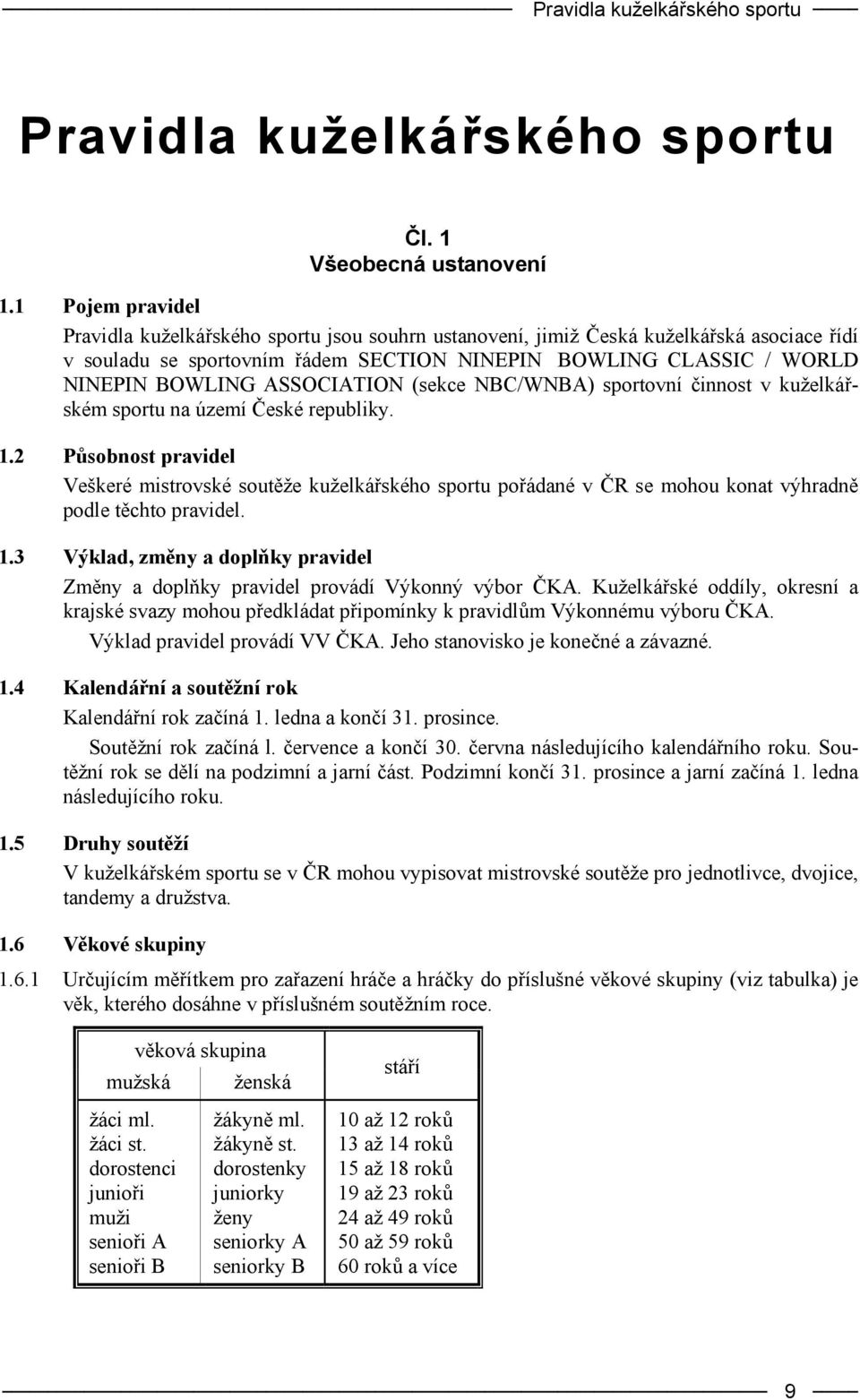 ASSOCIATION (sekce NBC/WNBA) sportovní činnost v kuželkářském sportu na území České republiky. 1.