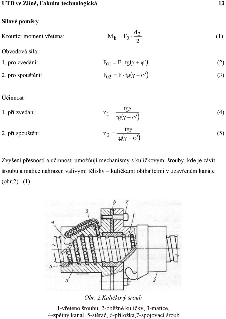 při spouštění: tgγ η1 = (4) tg ( γ + ϕ ) tgγ η2 = (5) tg ( γ ϕ ) Zvýšení přesnosti a účinnosti umožňují mechanismy s kuličkovými šrouby, kde je