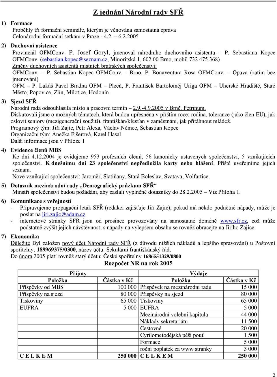 cz, Minoritská 1, 602 00 Brno, mobil 732 475 368) Změny duchovních asistentů místních bratrských společenství: OFMConv. P. Sebastian Kopec OFMConv. - Brno, P. Bonaventura Rosa OFMConv.