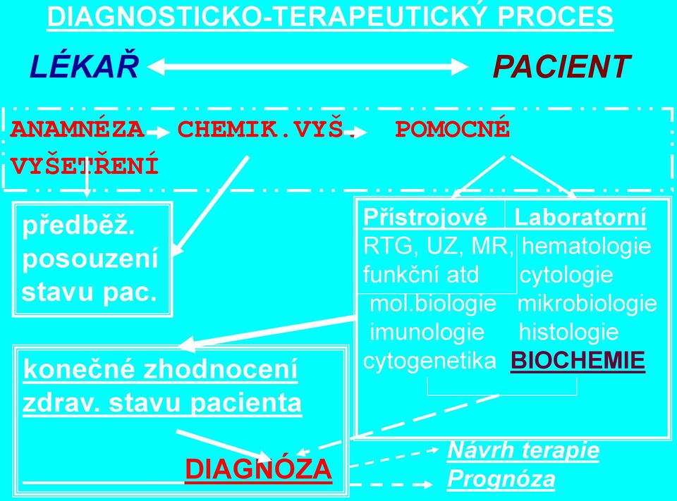 stavu pacienta DIAGNÓZA Přístrojové Laboratorní RTG, UZ, MR, hematologie funkční