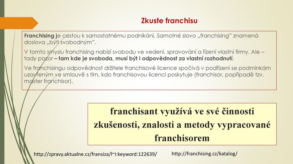 Ve franchisingu odpovědnost drţitele franchisové licence spočívá v podřízení se podmínkám uzavřeným ve smlouvě s tím, kdo franchisovou licenci poskytuje (franchisor,