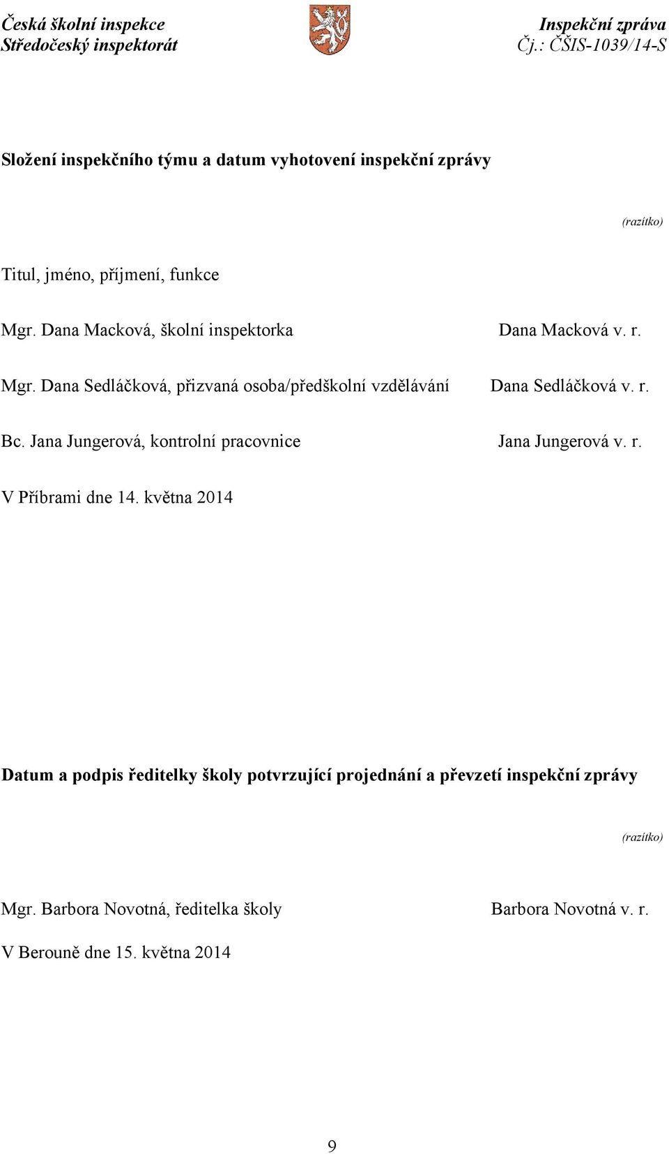 r. Bc. Jana Jungerová, kontrolní pracovnice Jana Jungerová v. r. V Příbrami dne 14.