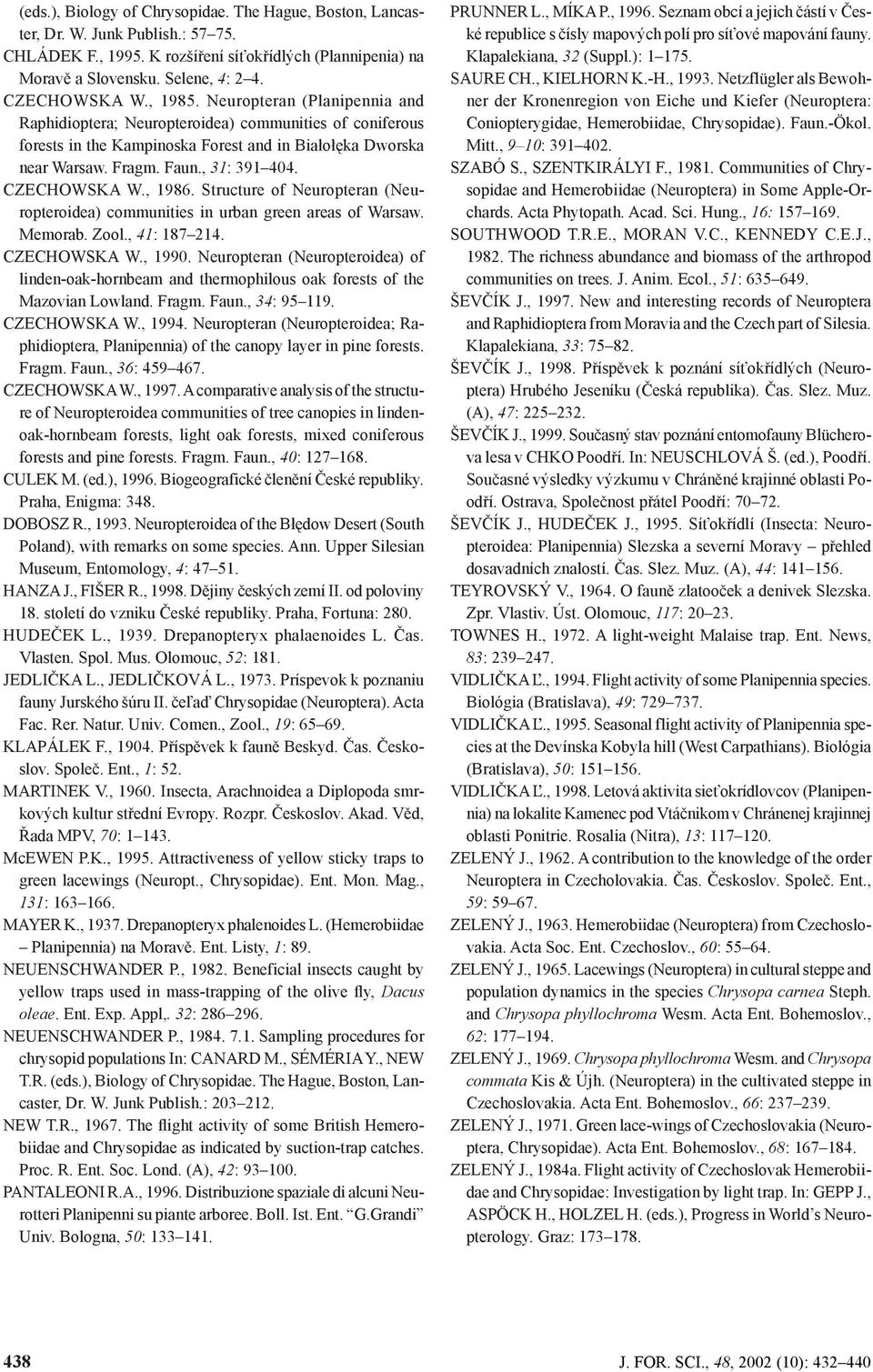 Neuropteran (Planipennia and Raphidioptera; Neuropteroidea) communities of coniferous forests in the Kampinoska Forest and in Białołęka Dworska near Warsaw. Fragm. Faun., 3: 39 44. CZECHOWSKA W., 9.