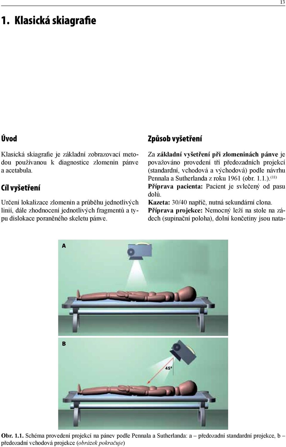 Způsob vyšetření Za základní vyšetření při zlomeninách pánve je považováno provedení tří předozadních projekcí (standardní, vchodová a východová) podle návrhu Pennala a Sutherlanda z roku 1961 (obr.