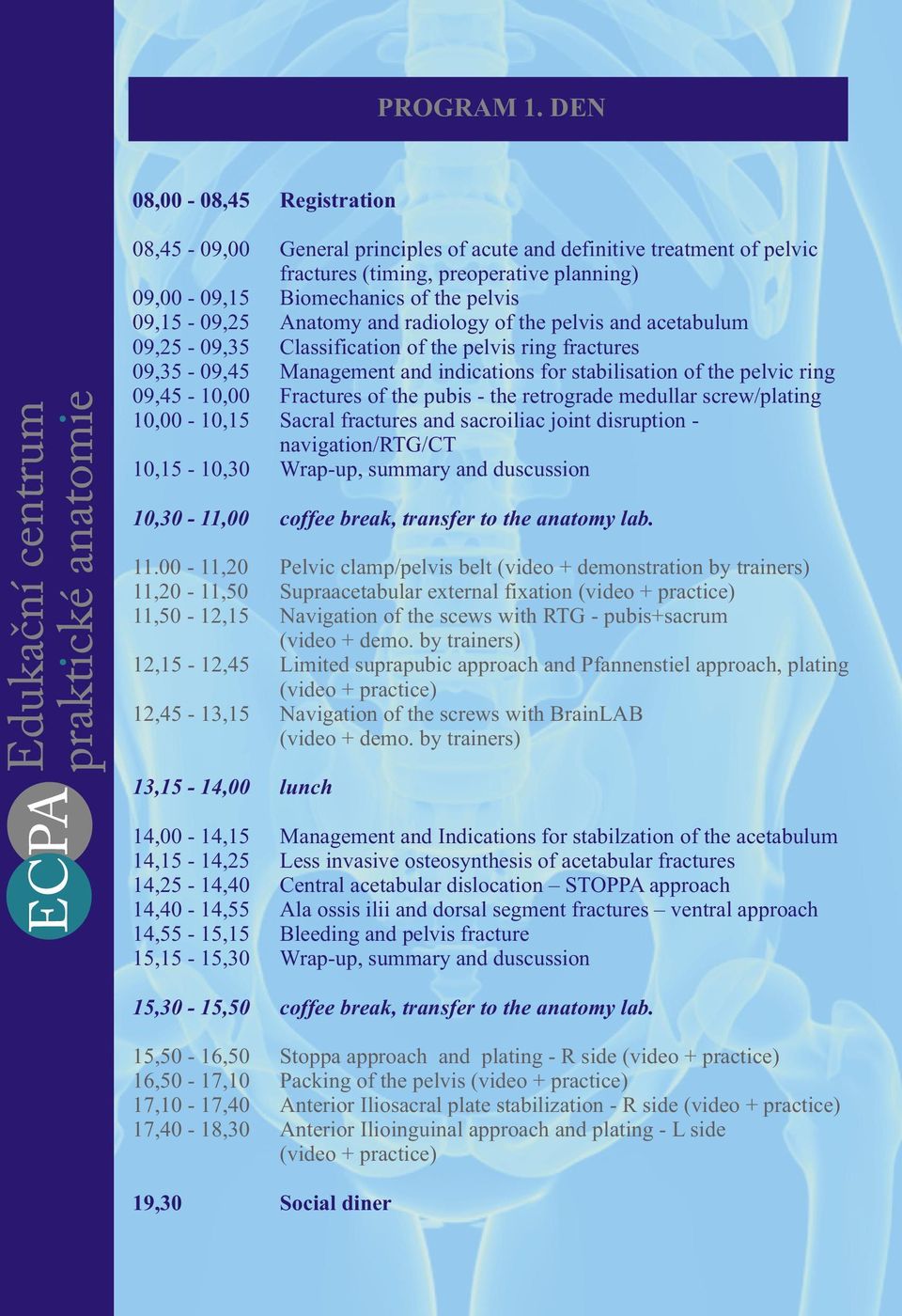 Anatomy and radiology of the pelvis and acetabulum 09,25-09,35 Classification of the pelvis ring fractures 09,35-09,45 Management and indications for stabilisation of the pelvic ring 09,45-10,00