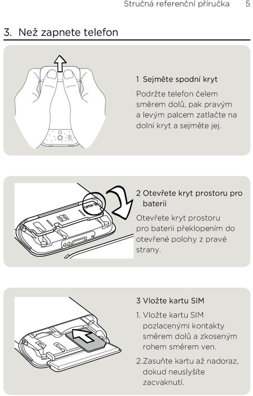 kryt prostoru pro baterii překlopením do otevřené polohy z pravé strany 3 Vložte kartu SIM 1 Vložte kartu SIM