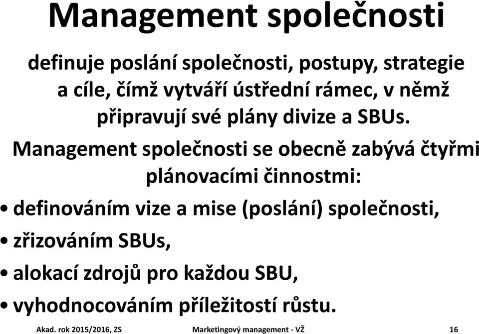 Management společnosti se obecně zabývá čtyřmi plánovacími činnostmi: definováním vize a mise