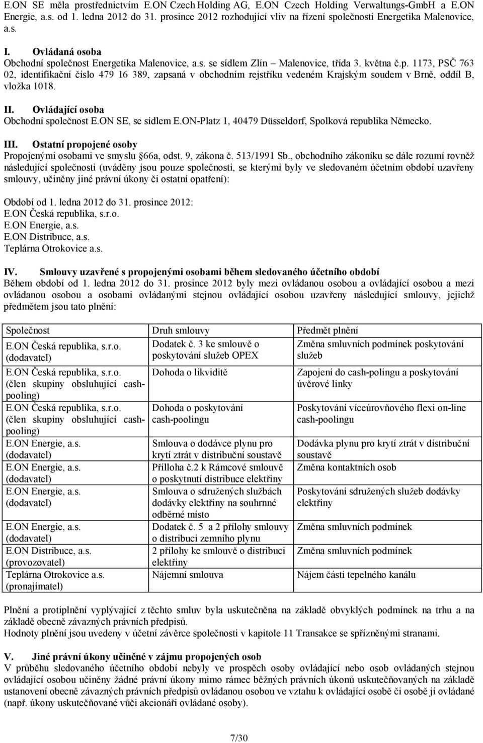 II. Ovládající osoba Obchodní společnost E.ON SE, se sídlem E.ON-Platz 1, 40479 Düsseldorf, Spolková republika Německo. III. Ostatní propojené osoby Propojenými osobami ve smyslu 66a, odst.