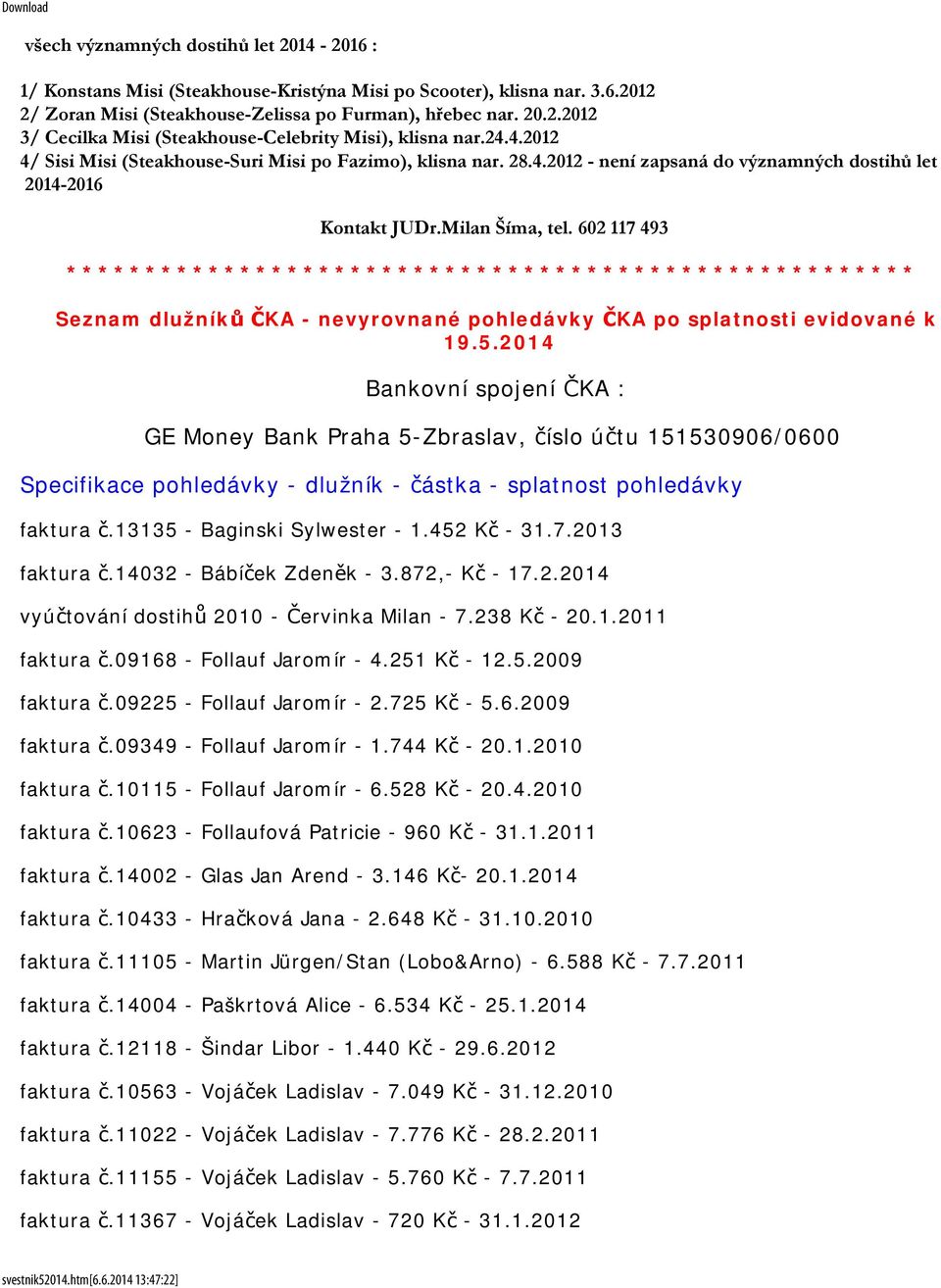 602 117 493 Seznam dlužníků ČKA - nevyrovnané pohledávky ČKA po splatnosti evidované k 19.5.