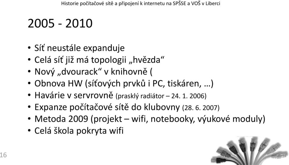 (prasklý radiátor 24. 1. 2006) Expanze počítačové sítě do klubovny (28. 6.