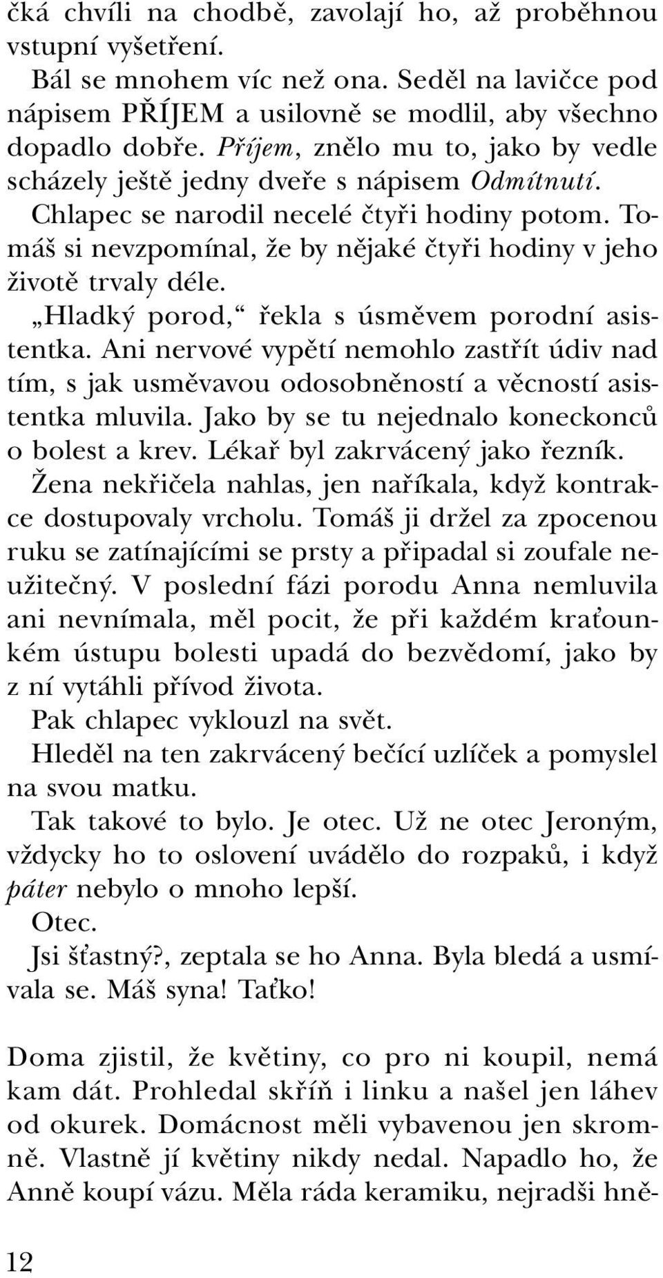 Tomáš si nevzpomínal, že by nějaké čtyři hodiny v jeho životě trvaly déle. Hladký porod, řekla s úsměvem porodní asistentka.
