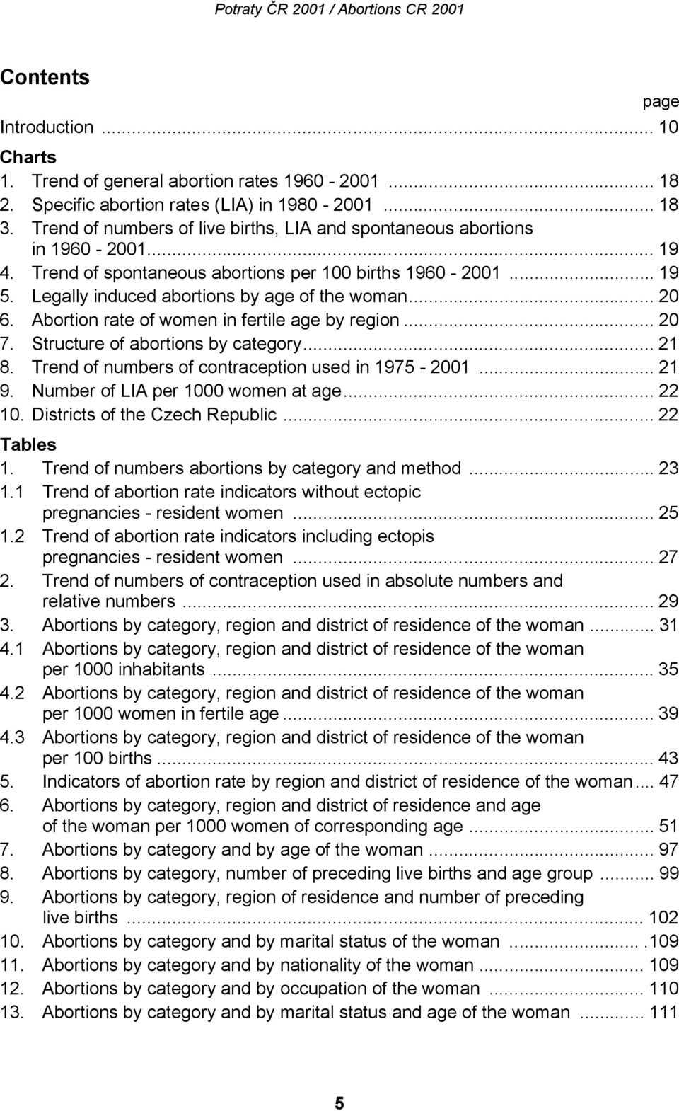 .. 20 6. Abortion rate of women in fertile age by region... 20 7. Structure of abortions by category... 21 8. Trend of numbers of contraception used in 1975-2001... 21 9.