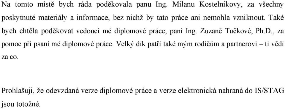 Také bych chtěla poděkovat vedoucí mé diplomové práce, paní Ing. Zuzaně Tučkové, Ph.D.