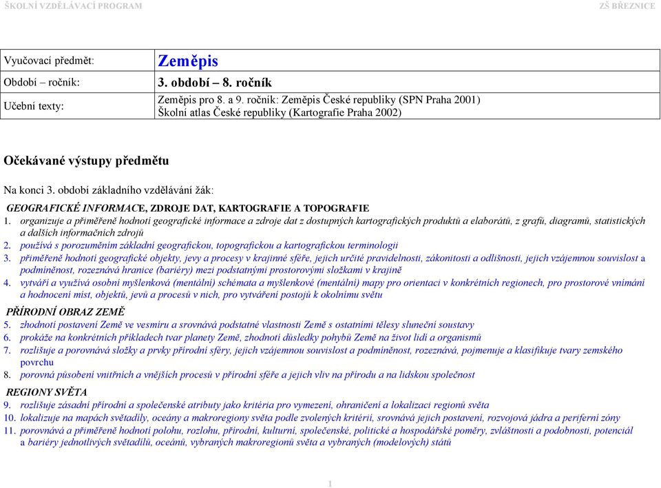 období základního vzdělávání žák: GEOGRAFICKÉ INFORMACE, ZDROJE DAT, KARTOGRAFIE A TOPOGRAFIE 1.