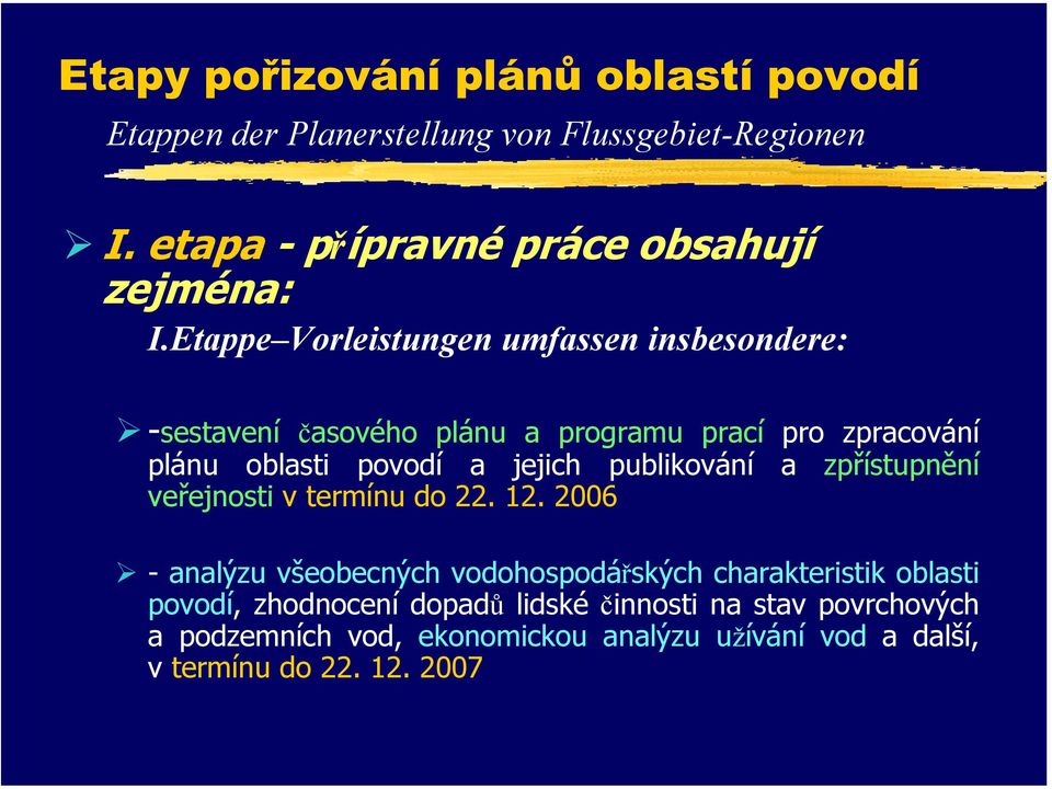 Etappe Vorleistungen umfassen insbesondere: -sestavení časového plánu a programu prací pro zpracování plánu oblasti povodí a jejich