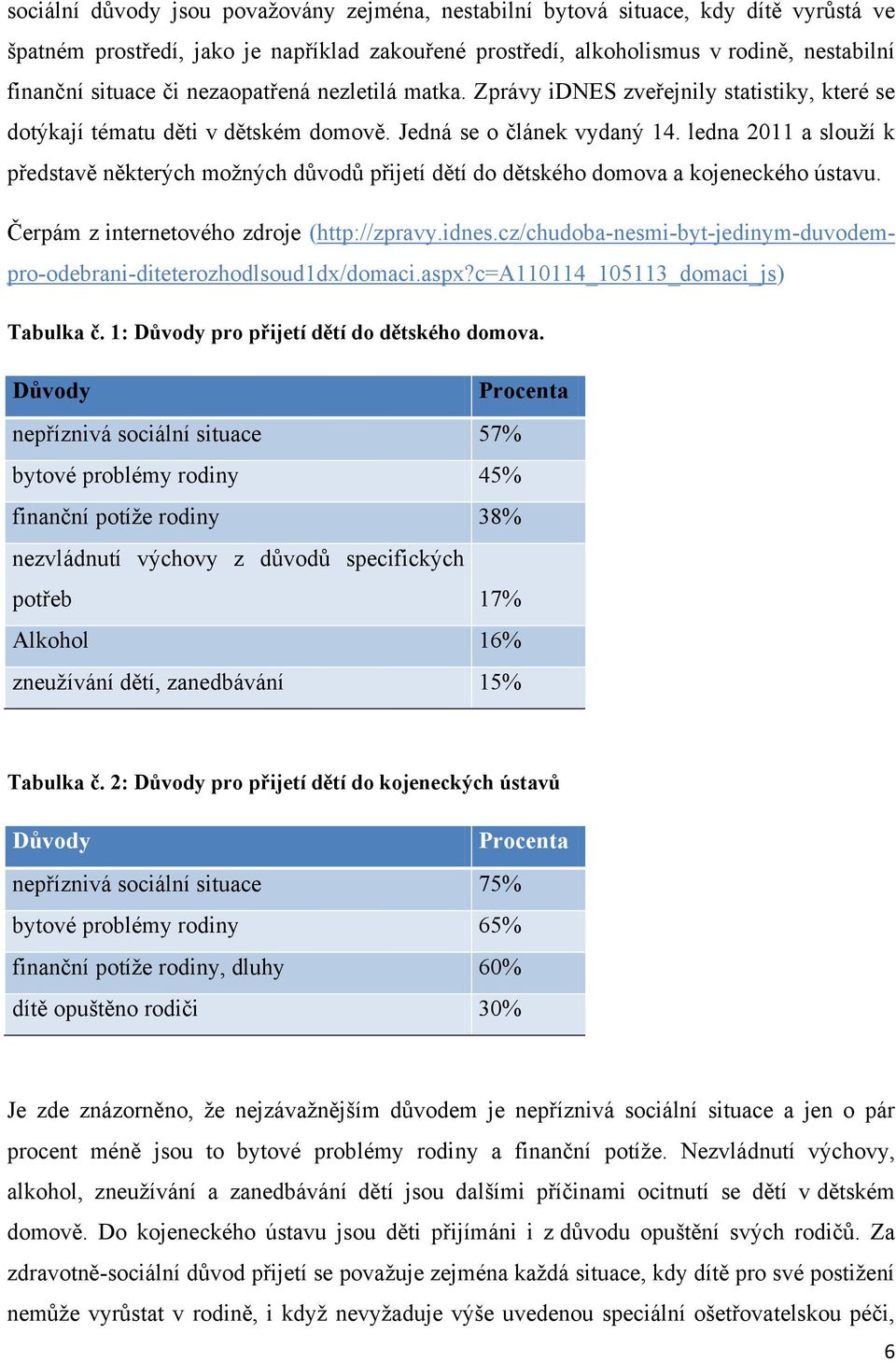 ledna 2011 a slouţí k představě některých moţných důvodů přijetí dětí do dětského domova a kojeneckého ústavu. Čerpám z internetového zdroje (http://zpravy.idnes.