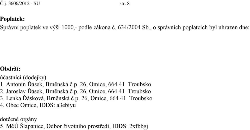 Jaroslav Ďásek, Brněnská č.p. 26, Omice, 664 41 Troubsko 3. Lenka Ďásková, Brněnská č.p. 26, Omice, 664 41 Troubsko 4.