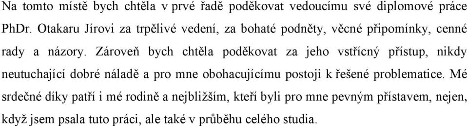 Zároveň bych chtěla poděkovat za jeho vstřícný přístup, nikdy neutuchající dobré náladě a pro mne obohacujícímu