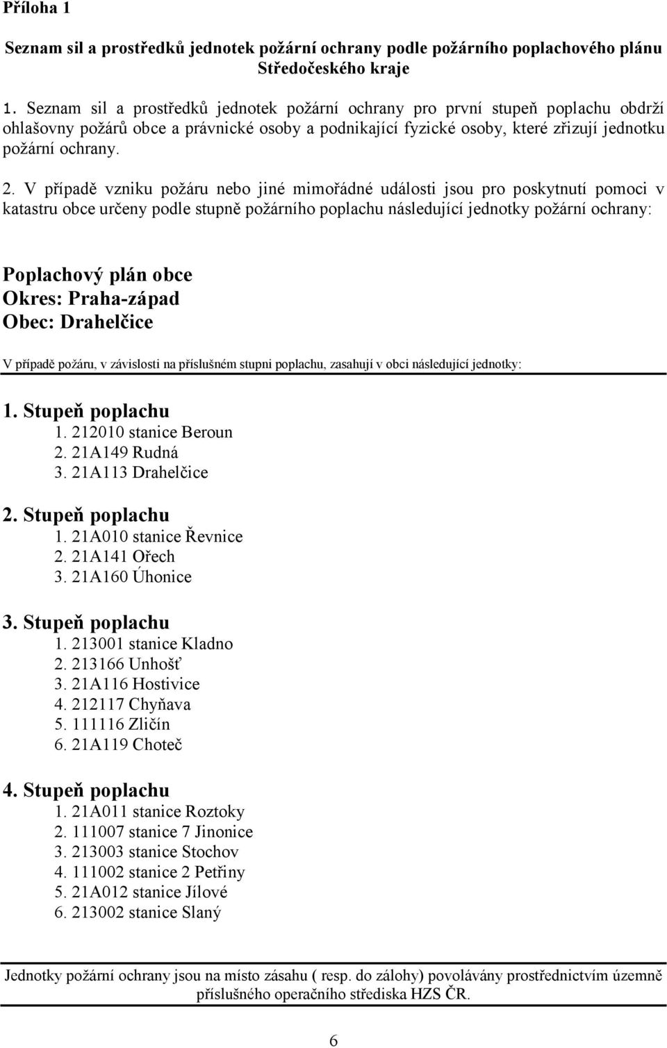 V případě vzniku požáru nebo jiné mimořádné události jsou pro poskytnutí pomoci v katastru obce určeny podle stupně požárního poplachu následující jednotky požární ochrany: Poplachový plán obce