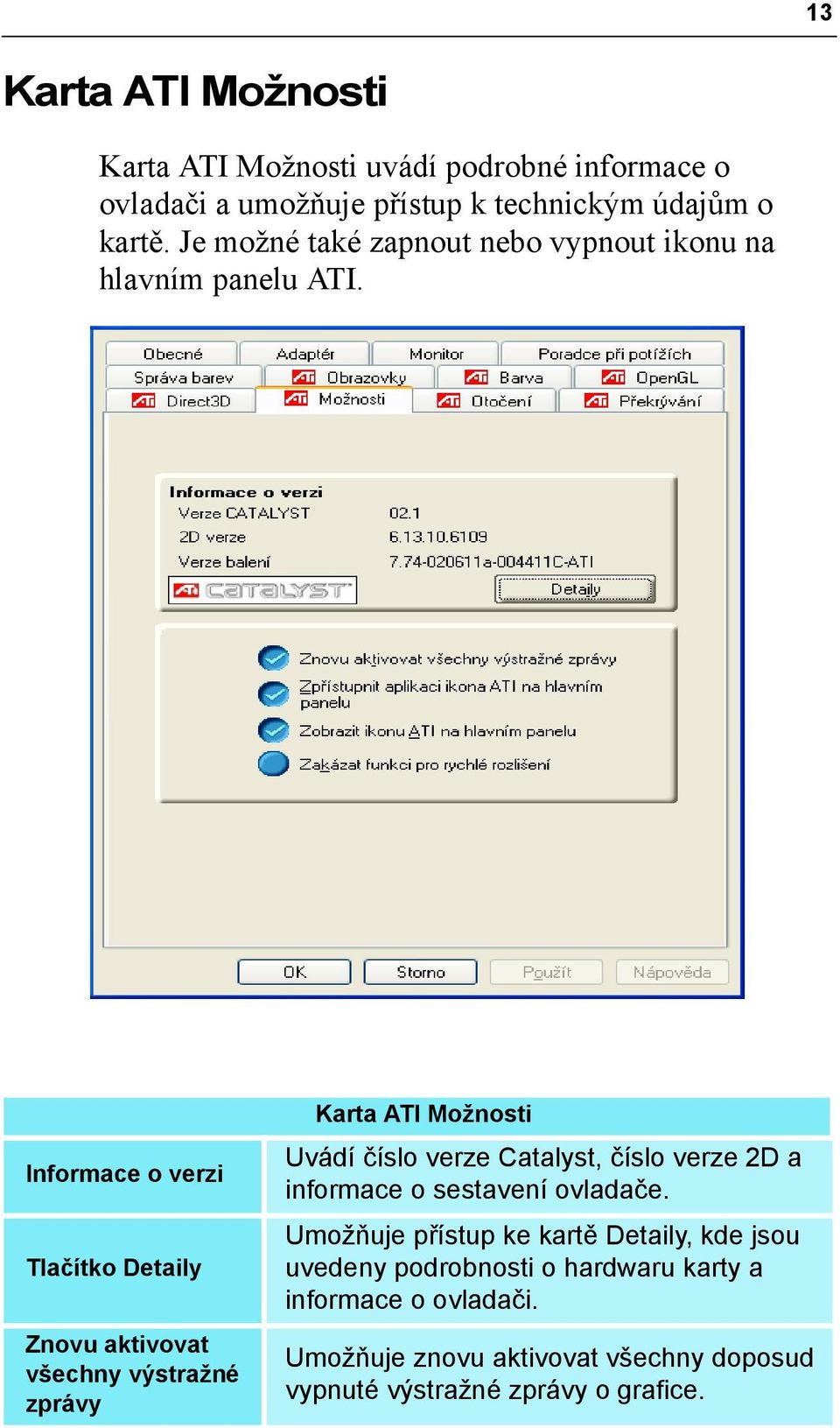 Informace o verzi Tlačítko Detaily Znovu aktivovat všechny výstražné zprávy Karta ATI Možnosti Uvádí číslo verze Catalyst, číslo verze