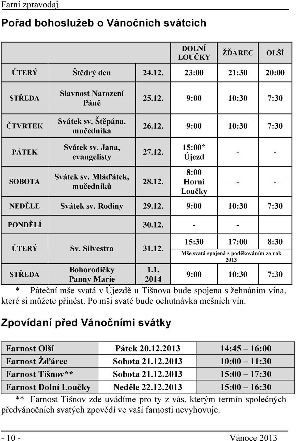 12. - - ÚTERÝ Sv. Silvestra 31.12. STŘEDA Bohorodičky Panny Marie 1.1. 2014 15:30 17:00 8:30 Mše svatá spojená s poděkováním za rok 2013 9:00 10:30 7:30 * Páteční mše svatá v Újezdě u Tišnova bude spojena s žehnáním vína, které si můžete přinést.