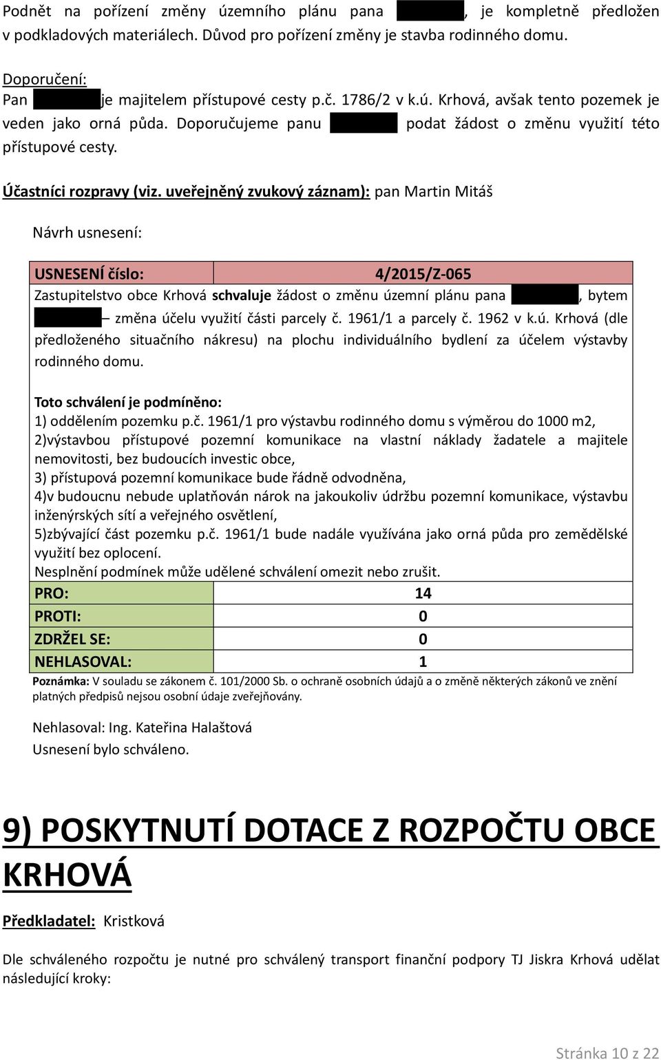 uveřejněný zvukový záznam): pan Martin Mitáš 4/2015/Z-065 Zastupitelstvo obce Krhová schvaluje žádost o změnu územní plánu pana, bytem změna účelu využití části parcely č. 1961/1 a parcely č.