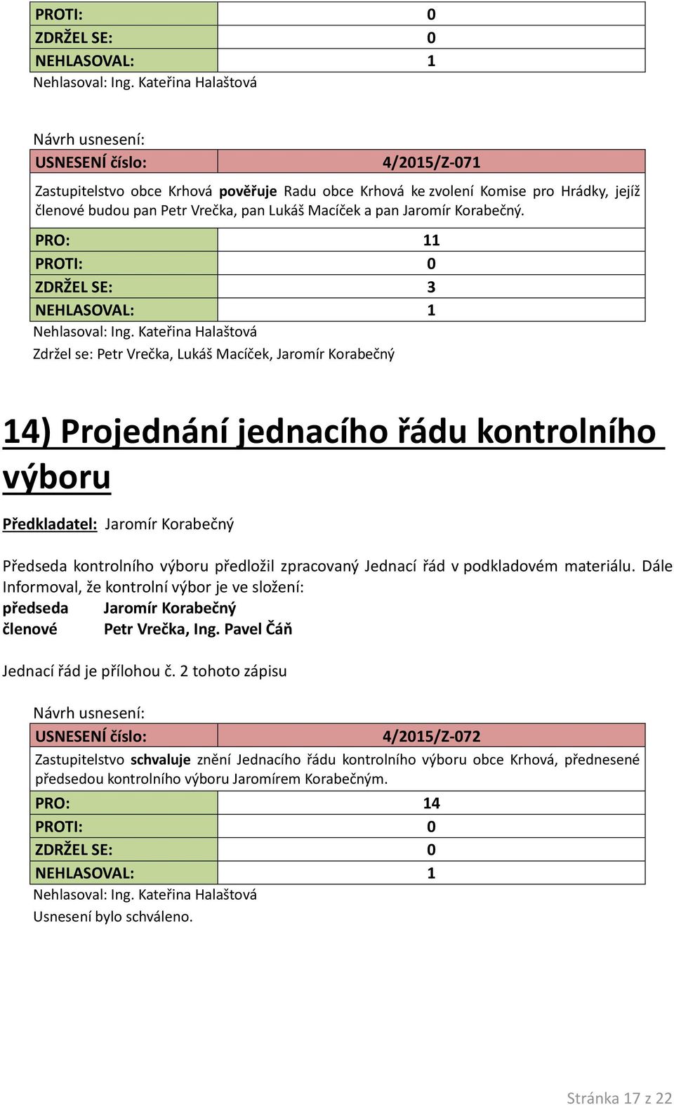 předložil zpracovaný Jednací řád v podkladovém materiálu. Dále Informoval, že kontrolní výbor je ve složení: předseda Jaromír Korabečný členové Petr Vrečka, Ing.