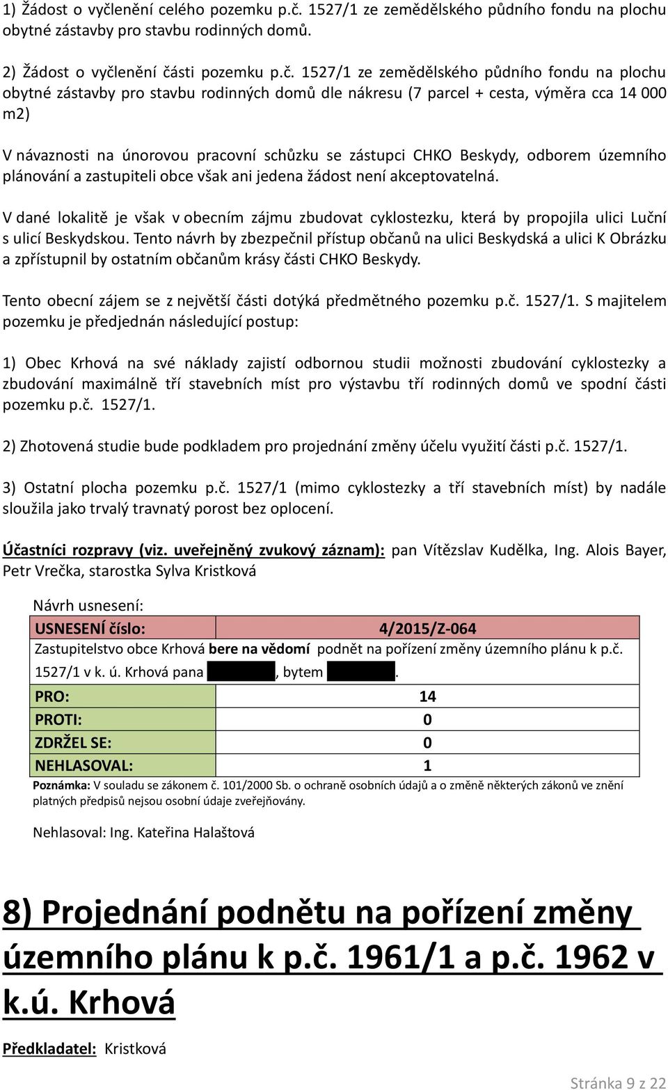 1527/1 ze zemědělského půdního fondu na plochu obytné zástavby pro stavbu rodinných domů. 2) Žádost o vyčl