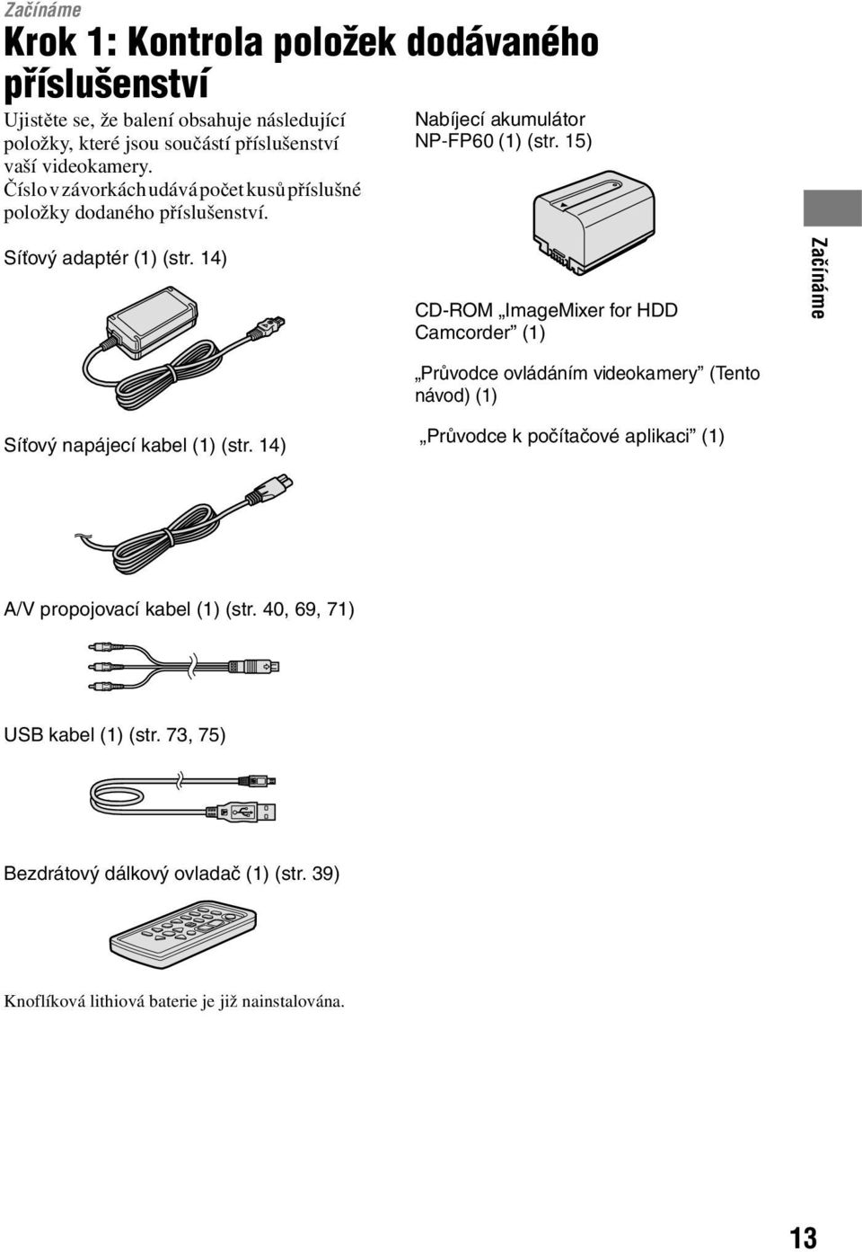14) CD-ROM ImageMixer for HDD Camcorder (1) Začínáme Síťový napájecí kabel (1) (str.
