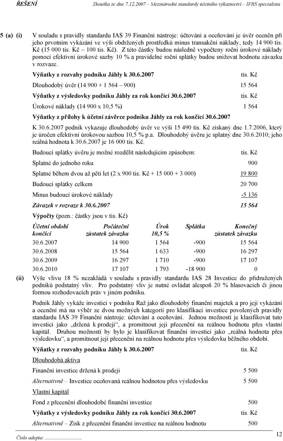 Výňatky z rozvahy podniku Jáhly k 30.6.2007 Dlouhodobý úvěr (14 900 + 1 564 900) 15 564 Výňatky z výsledovky podniku Jáhly za rok končící 30.6.2007 Úrokové náklady (14 900 x 10,5 %) 1 564 Výňatky z přílohy k účetní závěrce podniku Jáhly za rok končící 30.