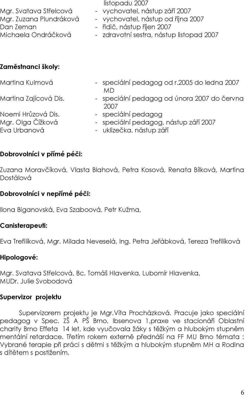 pedagog od r.2005 do ledna 2007 MD Martina Zajícová Dis. - speciální pedagog od února 2007 do června 2007 Noemi Hrůzová Dis. - speciální pedagog Mgr.