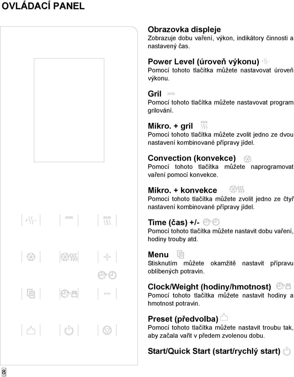 Convection (konvekce) Pomocí tohoto tlačítka můžete naprogramovat vaření pomocí konvekce. Mikro. + konvekce Pomocí tohoto tlačítka můžete zvolit jedno ze čtyř nastavení kombinované přípravy jídel.