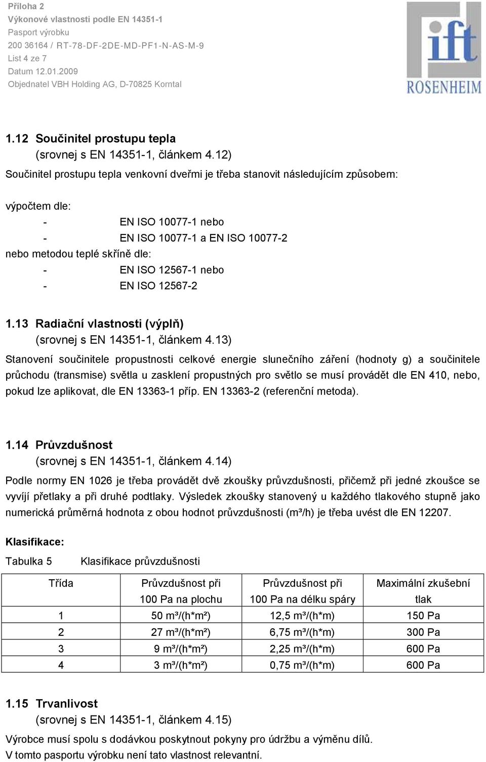 12) Součinitel prostupu tepla venkovní dveřmi je třeba stanovit následujícím způsobem: výpočtem dle: EN ISO 100771 nebo EN ISO 100771 a EN ISO 100772 nebo metodou teplé skříně dle: EN ISO 125671 nebo