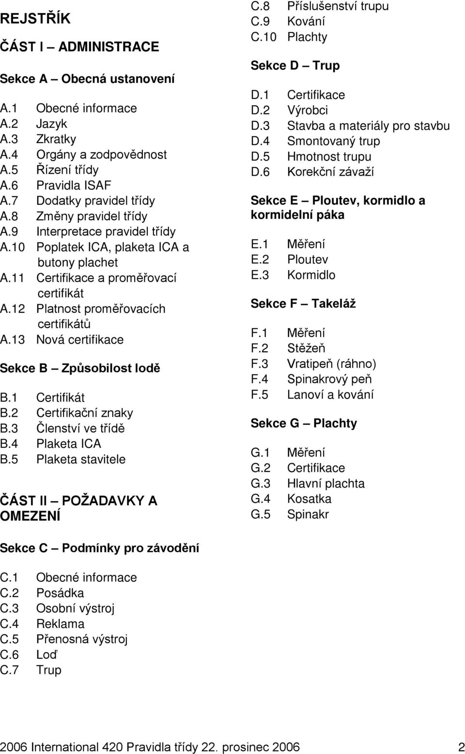 13 Nová certifikace Sekce B Způsobilost lodě B.1 Certifikát B.2 Certifikační znaky B.3 Členství ve třídě B.4 Plaketa ICA B.5 Plaketa stavitele ČÁST II POŽADAVKY A OMEZENÍ C.8 Příslušenství trupu C.