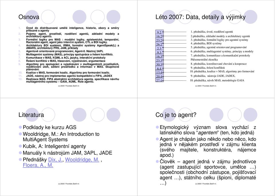 Architektury BDI systémů, IRMA, formální systémy AgentSpeak(L) a dmars, architektury PRS, JAM, příklady 5. Agentově orientované programování, Agent-0. Nástroj 3APL 6.