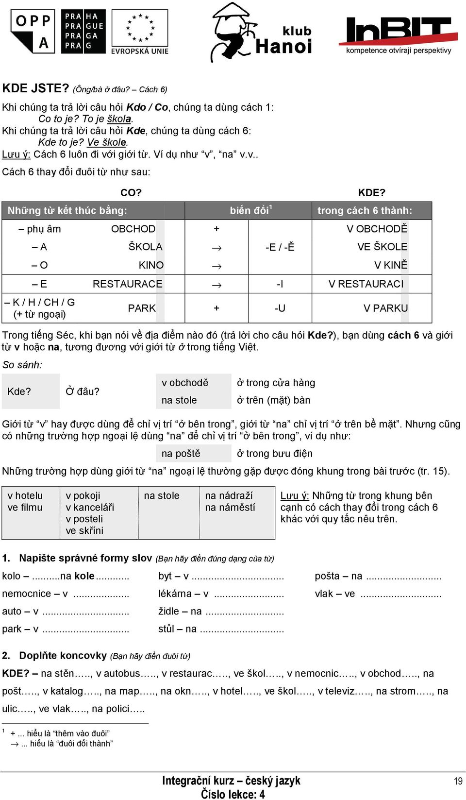 Những từ kết thúc bằng: biến đổi 1 trong cách 6 thành: phụ âm OBCHOD + V OBCHODĚ A ŠKOL A -E / -Ě VE ŠKOLE O KIN O V KINĚ E RESTAURAC E -I V RESTAURACI K / H / CH / G (+ từ ngoại) PARK + -U V PARKU