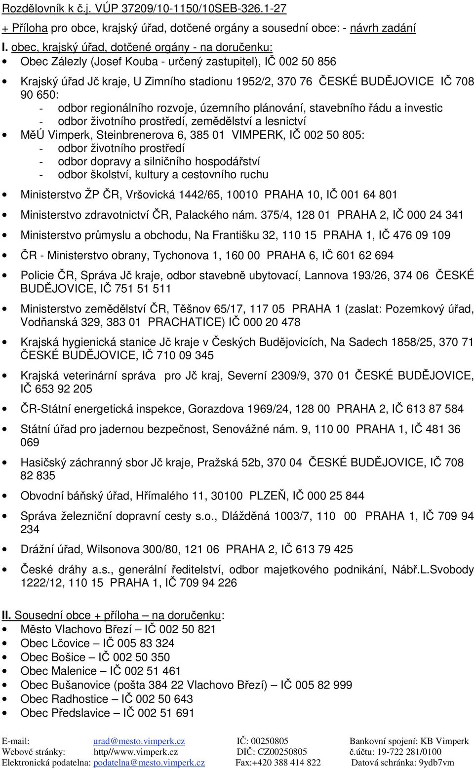 odbor regionálního rozvoje, územního plánování, stavebního ádu a investic - odbor životního prost edí, zem d lství a lesnictví M Ú Vimperk, Steinbrenerova 6, 385 01 VIMPERK, I 002 50 805: - odbor