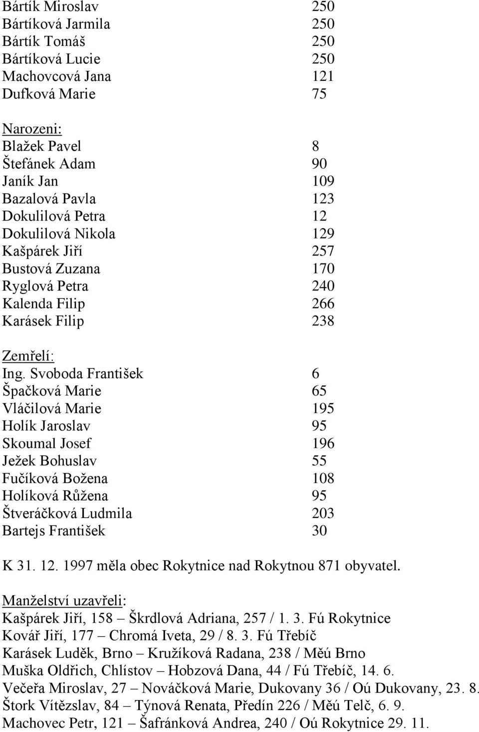 Svoboda František Špačková Marie Vláčilová Marie Holík Jaroslav Skoumal Josef Ježek Bohuslav Fučíková Božena Holíková Růžena Štveráčková Ludmila Bartejs František 25 25 25 25 121 75 8 9 19 123 12 129