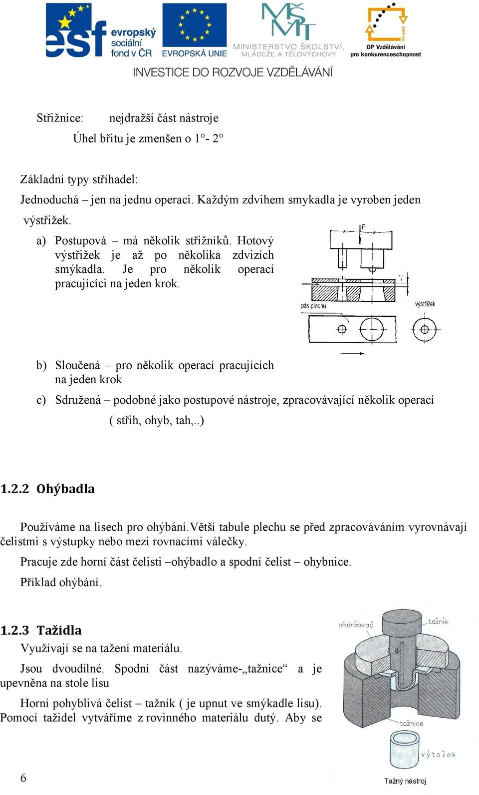 b) Sloučená pro několik operací pracujících na jeden krok c) Sdružená podobné jako postupové nástroje, zpracovávající několik operací ( střih, ohyb, tah,..) 1.2.