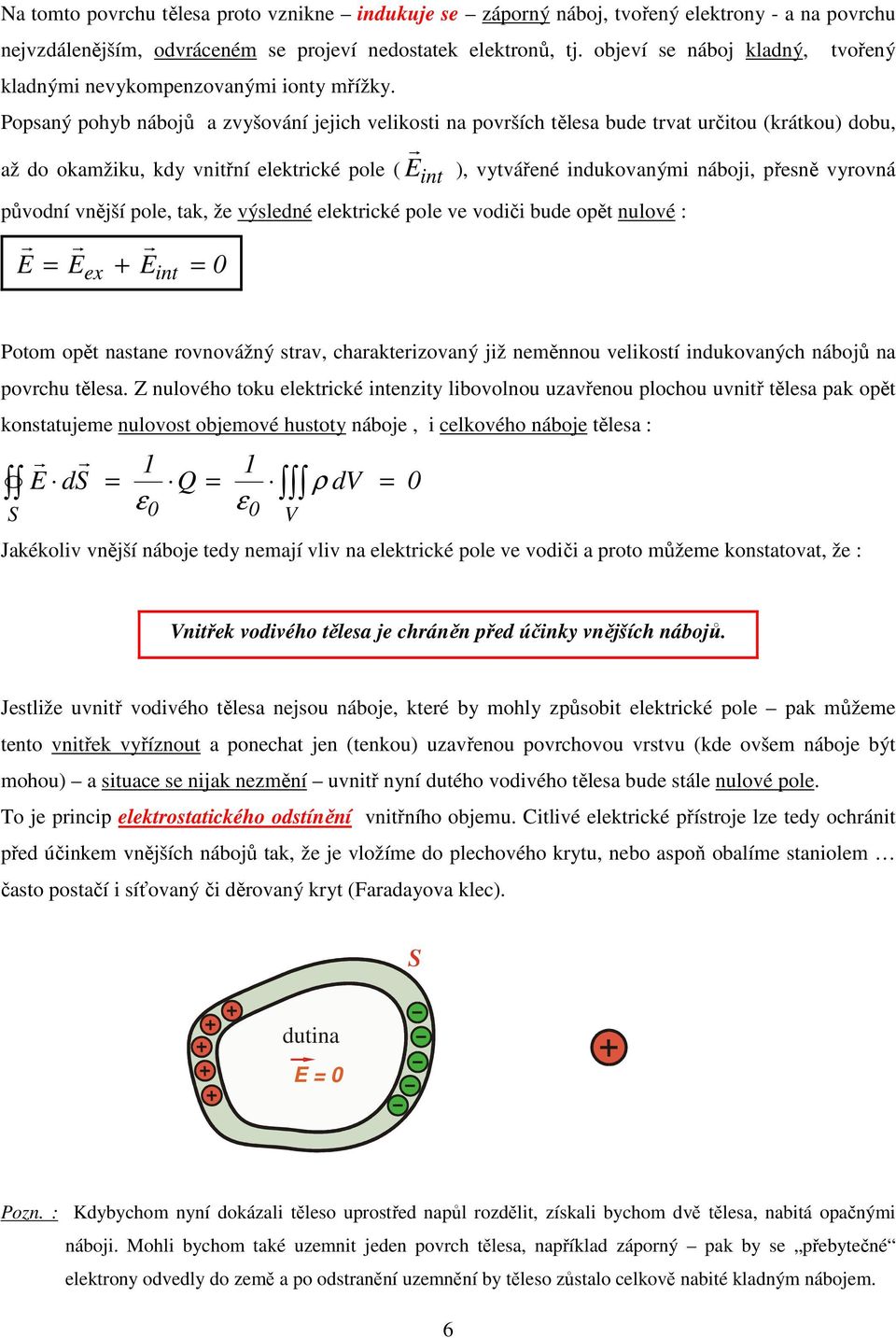 Popsaný pohyb nábojů a zvyšování jejich velikosti na povších tělesa bude tvat učitou (kátkou) dobu, až do okamžiku, kdy vnitřní elektické pole ( E ), vytvářené indukovanými náboji, přesně vyovná