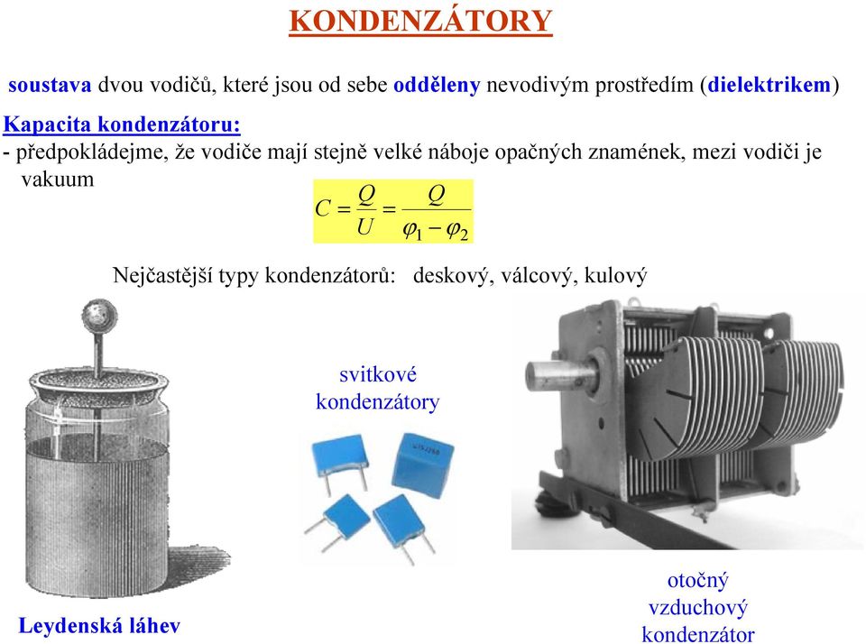 náboje opačných znamének, mezi vodiči je vakuum U ϕ ϕ Nejčastější typy kondenzátorů: