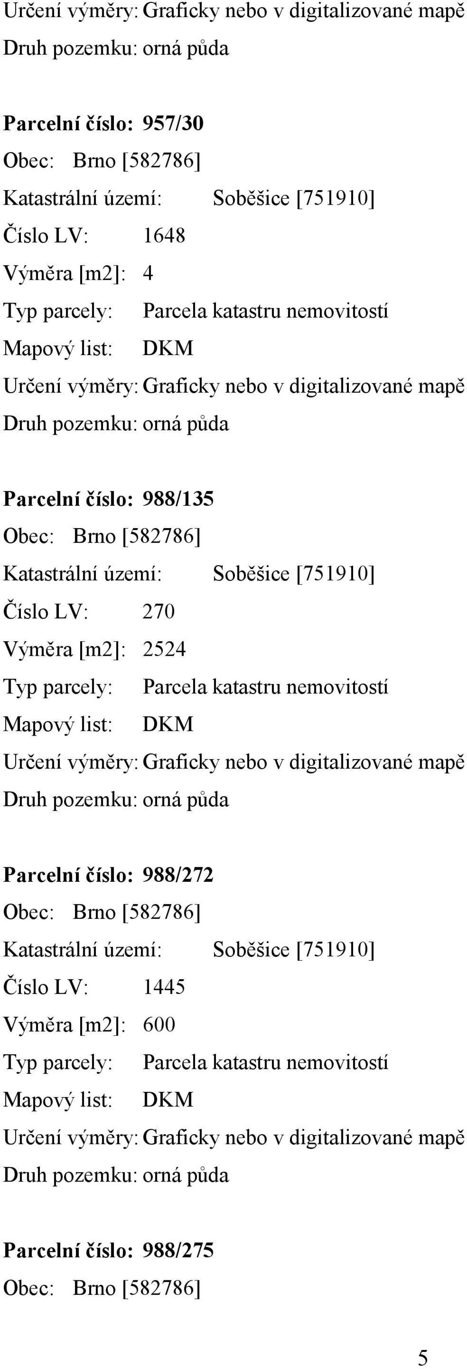 [751910] Číslo LV: 270 Výměra [m2]: 2524 Typ parcely: Parcela katastru nemovitostí Mapový list: DKM Určení výměry: Graficky nebo v digitalizované mapě Druh pozemku: orná půda Parcelní číslo: 988/272