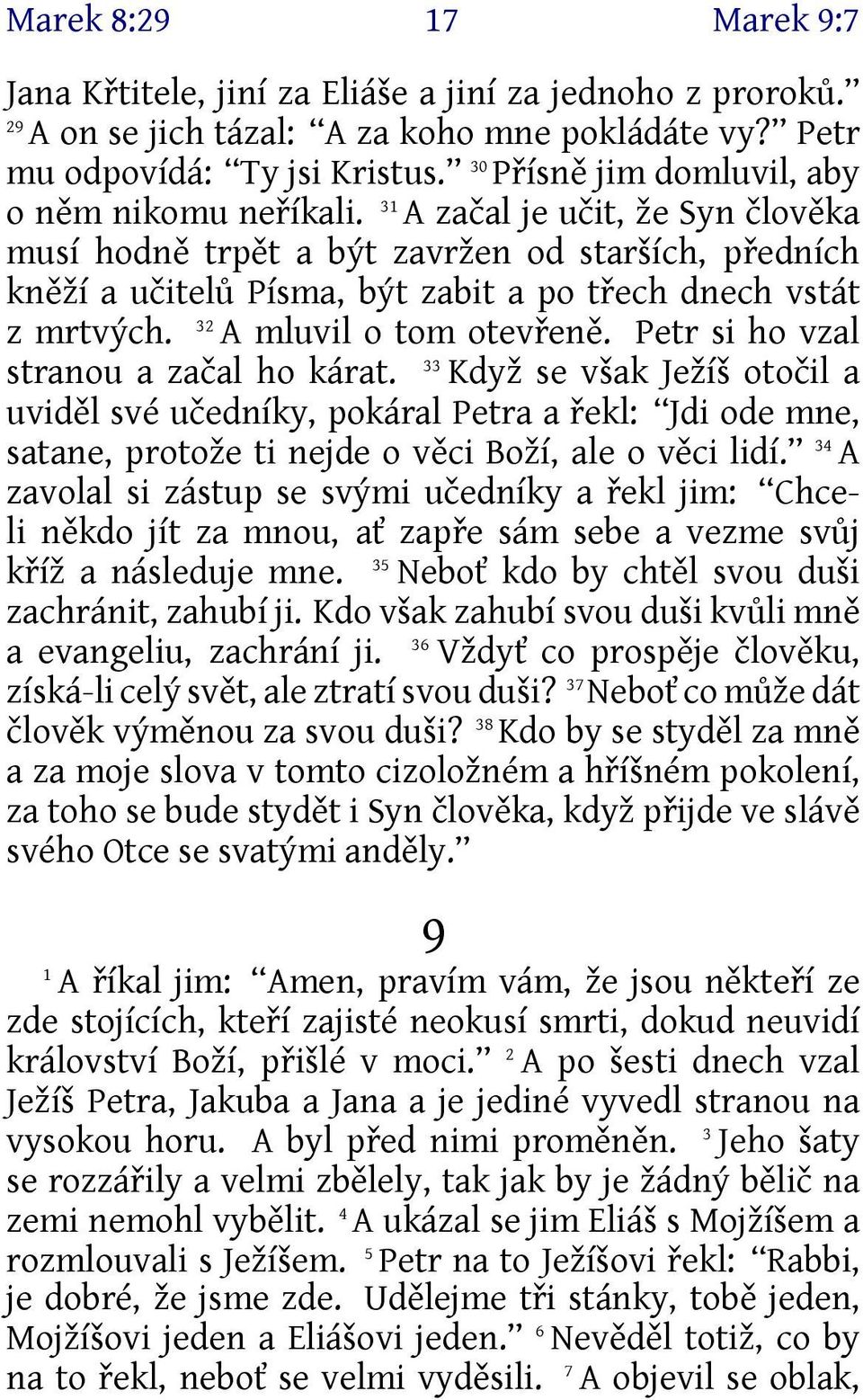 A začal je učit, že Syn člověka musí hodně trpět a být zavržen od starších, předních kněží a učitelů Písma, být zabit a po třech dnech vstát 32 z mrtvých. A mluvil o tom otevřeně.